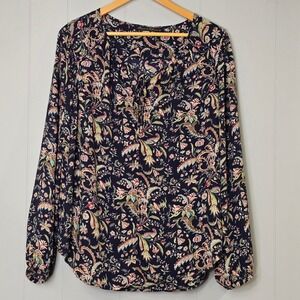 Rose & Olive Blouse XL Navy Paisley Floral Print LS Boho Cottagecore Tassel Tie